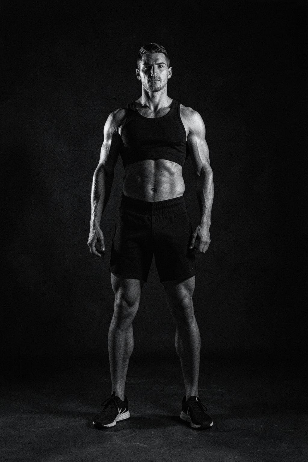 Athlete standing in a dark studio, black and white