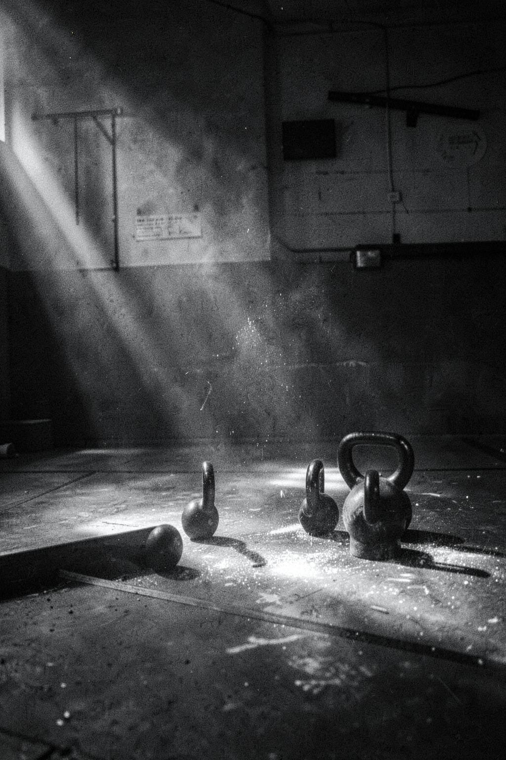 Kettlebells on a training floor lit by a shaft of light